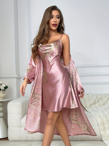 Brielle — 2-Piece Floral Satin Camisole & Robe Set