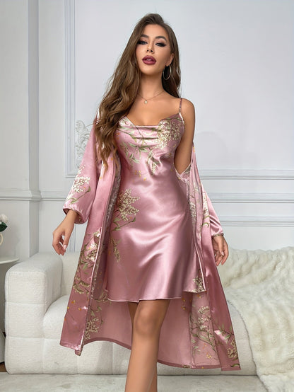 Brielle — 2-Piece Floral Satin Camisole & Robe Set